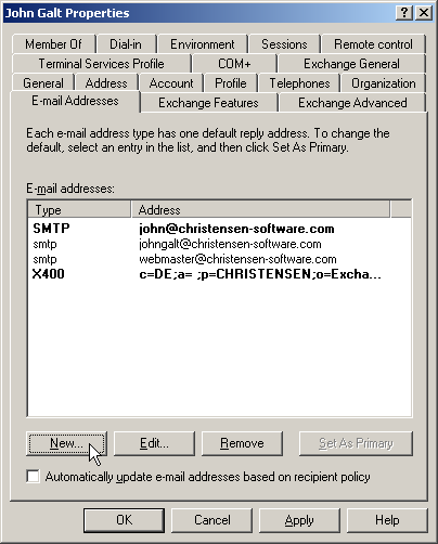 Screenshot: active directory user - new email address