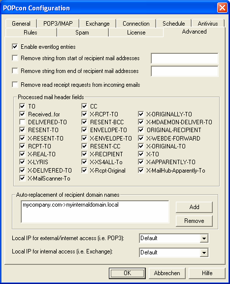 Screenshot: POPcon Advanced configuration options