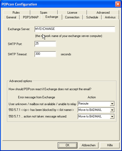 POPcon SMTP/Exchange settings screenshot